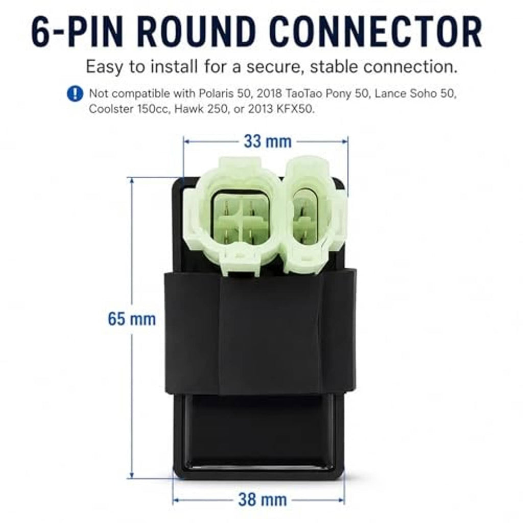 6-pin round connector on black AC CDI box with light green plug terminals