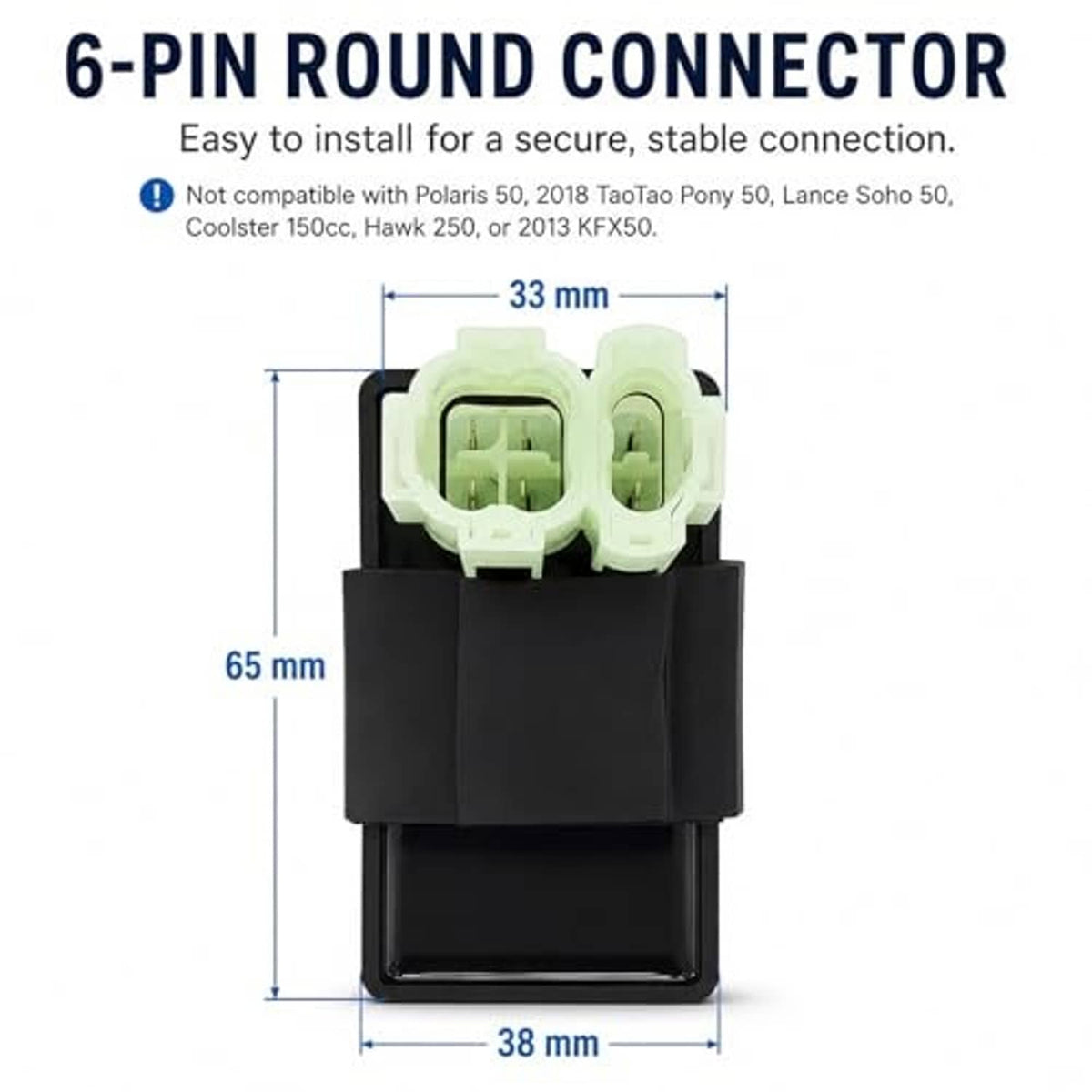 6-pin round connector on black AC CDI box with light green plug terminals
