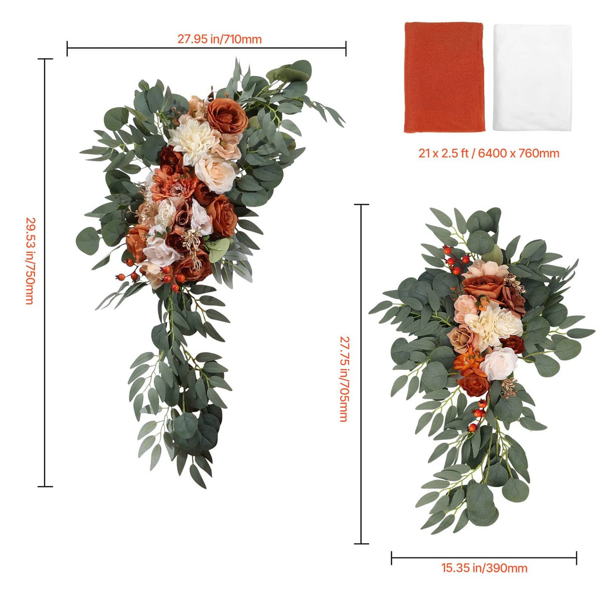 Artificial floral arch sprays with orange and cream blooms and eucalyptus-style leaves