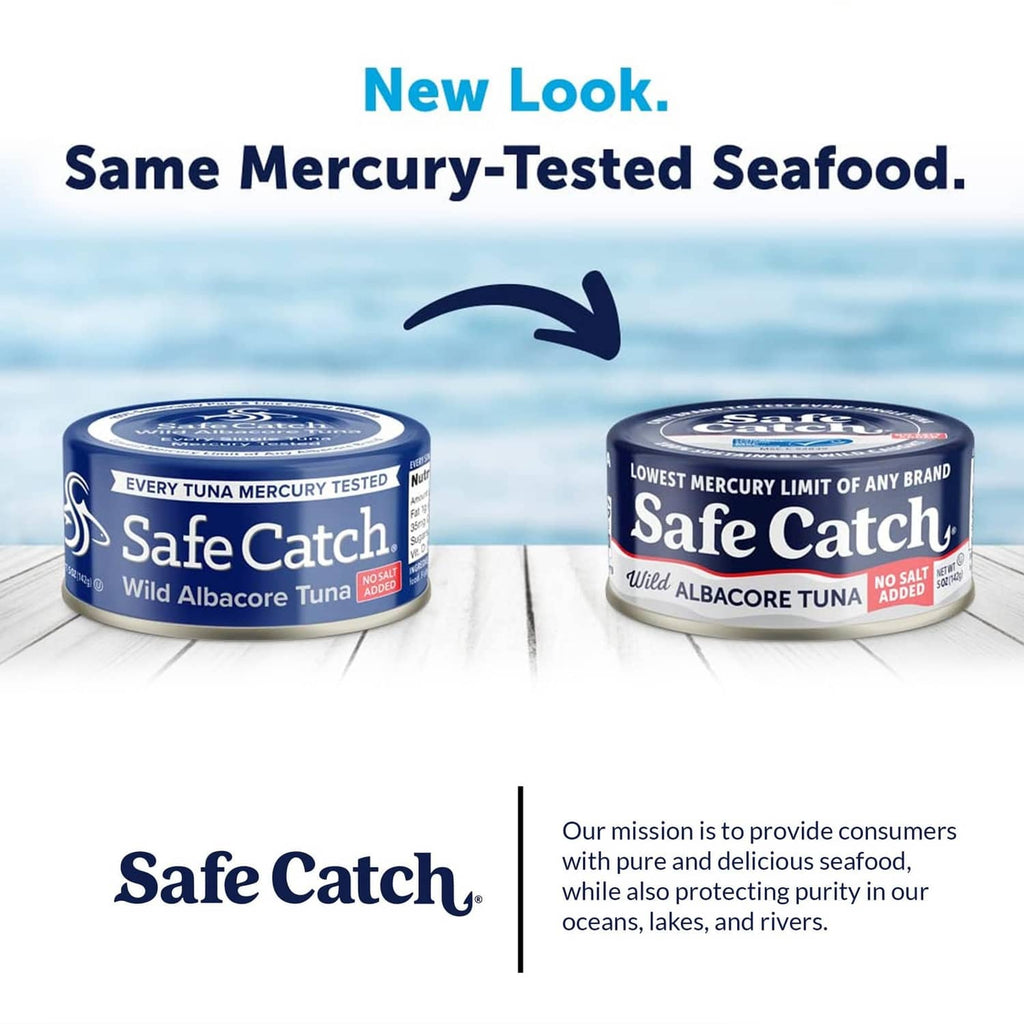 Two Safe Catch wild albacore tuna cans, no salt added, mercury tested