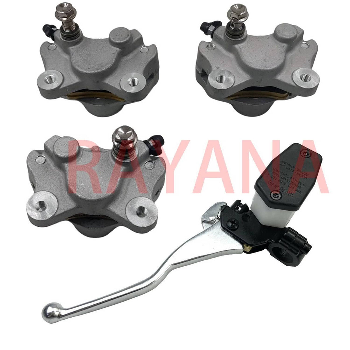 Front brake calipers with grey housings and mounting bolts, with master cylinder assembly