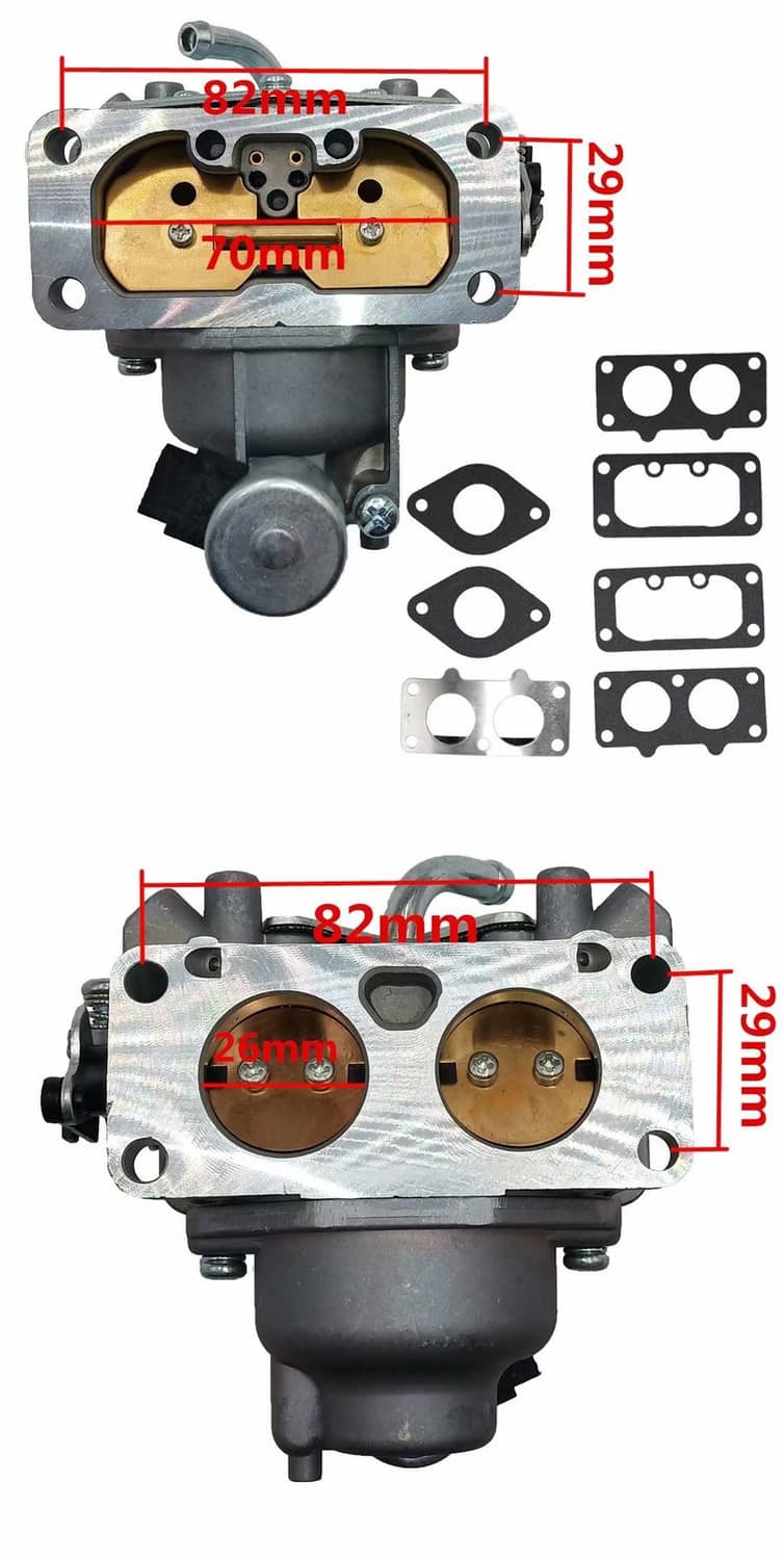 Carburetor assembly with top throttle bore, metal mounting flange, and gasket set parts