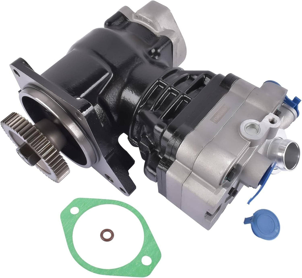 Truck air brake compressor angled view with gear pulley and blue fittings; black and silver body.