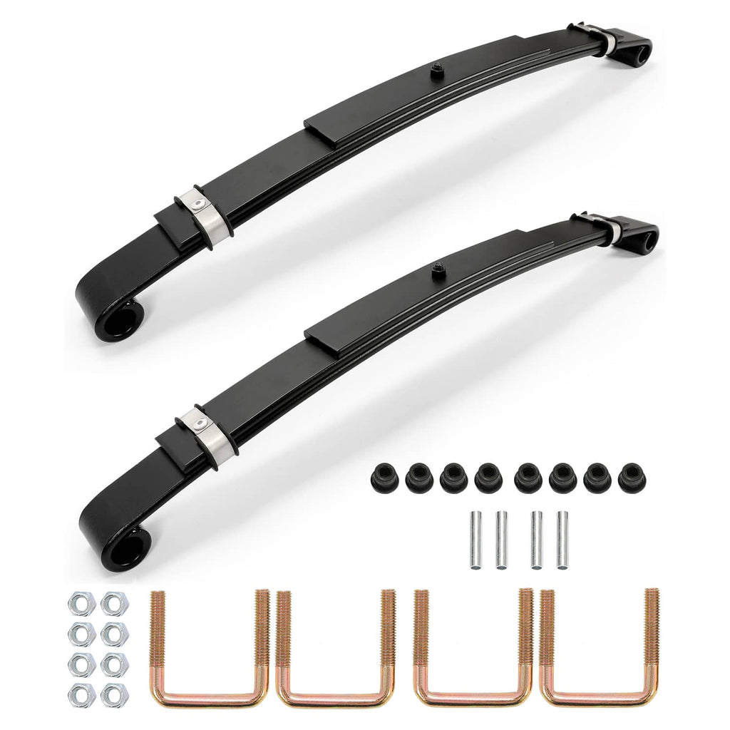 Rear leaf spring set of 2 with black steel leafs, U-bolts, bushings, and bolts