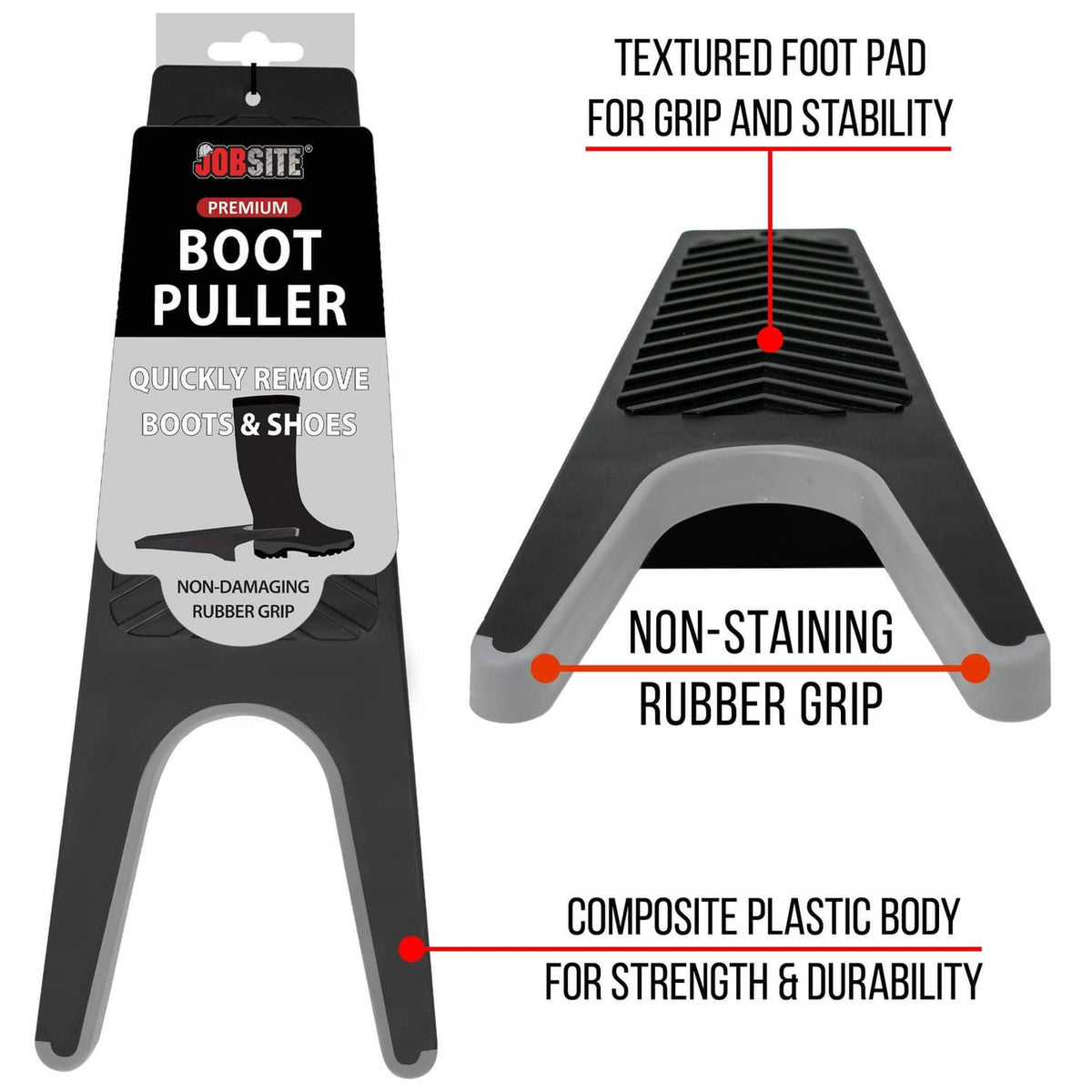 Boot puller package view showing textured foot pad, non-staining rubber grip