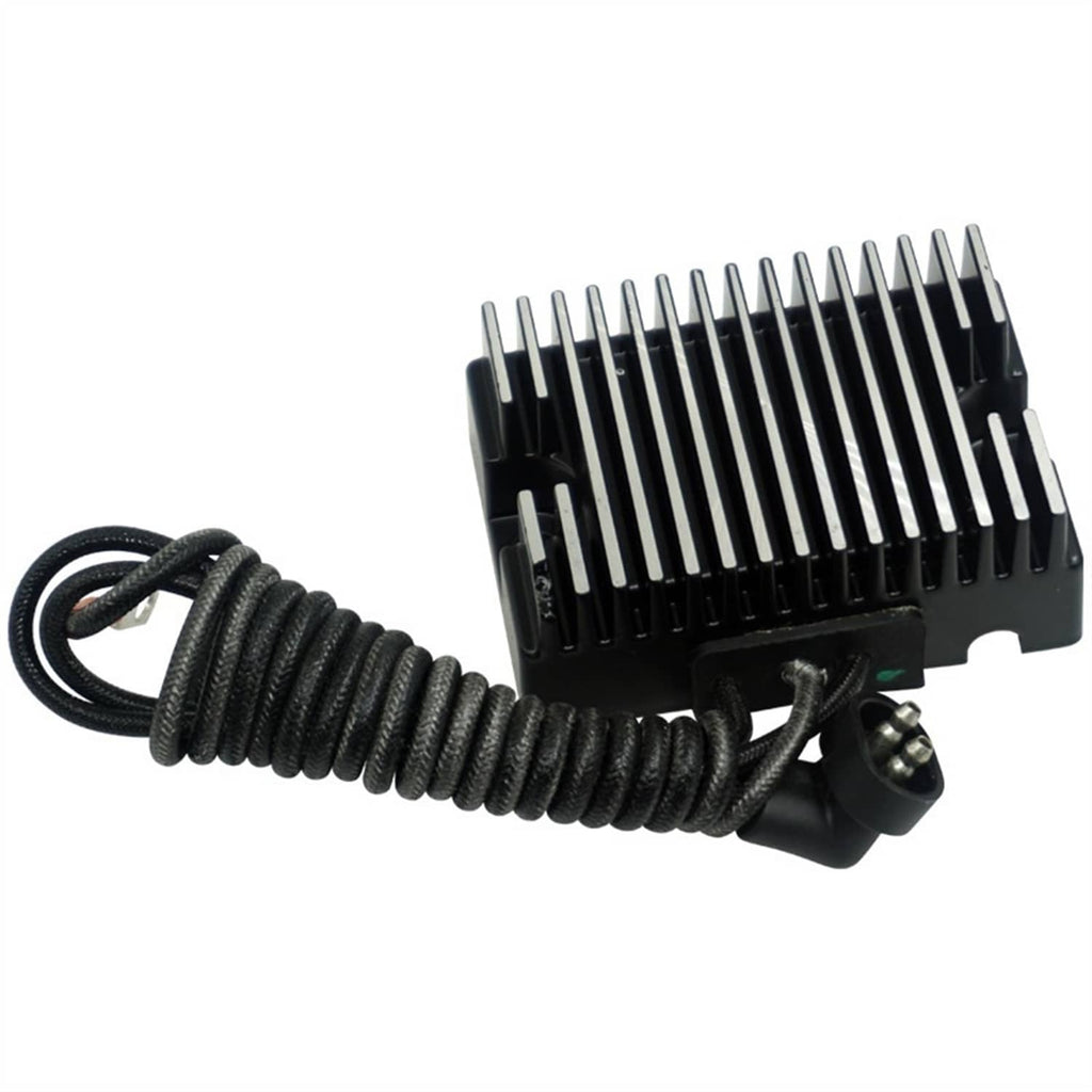 Black finned voltage regulator rectifier with coiled wire lead and mounting base