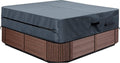 Hot tub cover with dark gray fabric top and straps over wood-paneled spa body