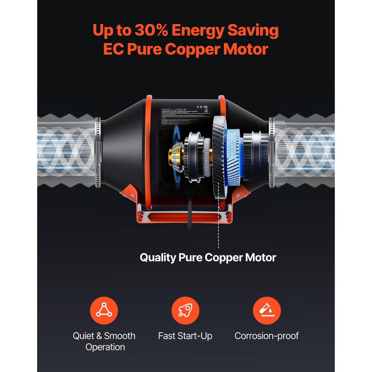 Inline duct fan cutaway diagram highlighting EC copper motor and airflow