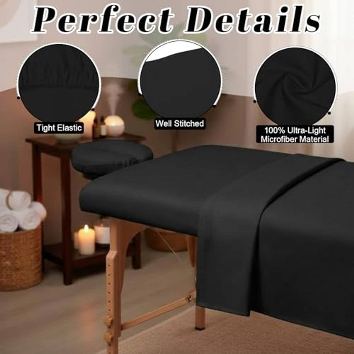 Black fitted massage table sheet with smooth microfiber surface and elastic edges