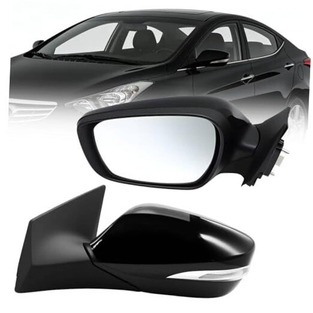 Left driver-side mirror assembly set with black casing and integrated turn-signal strip.