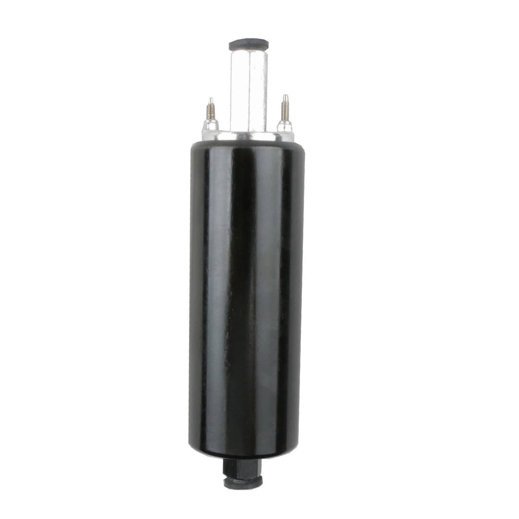 Black inline fuel pump cylinder with two metal terminals on top and bottom outlet