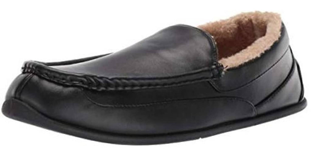 Men's black faux-leather moccasin slipper with stitched toe and tan fleece lining