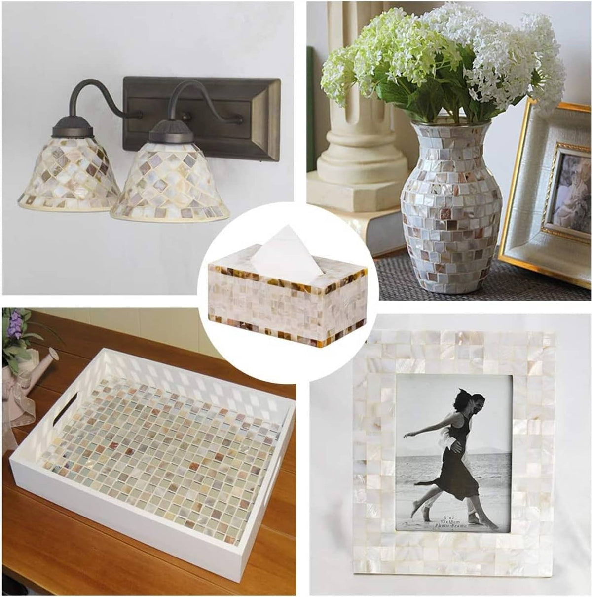 Mother-of-pearl mosaic tile sheets used on lamp shades and decorative box