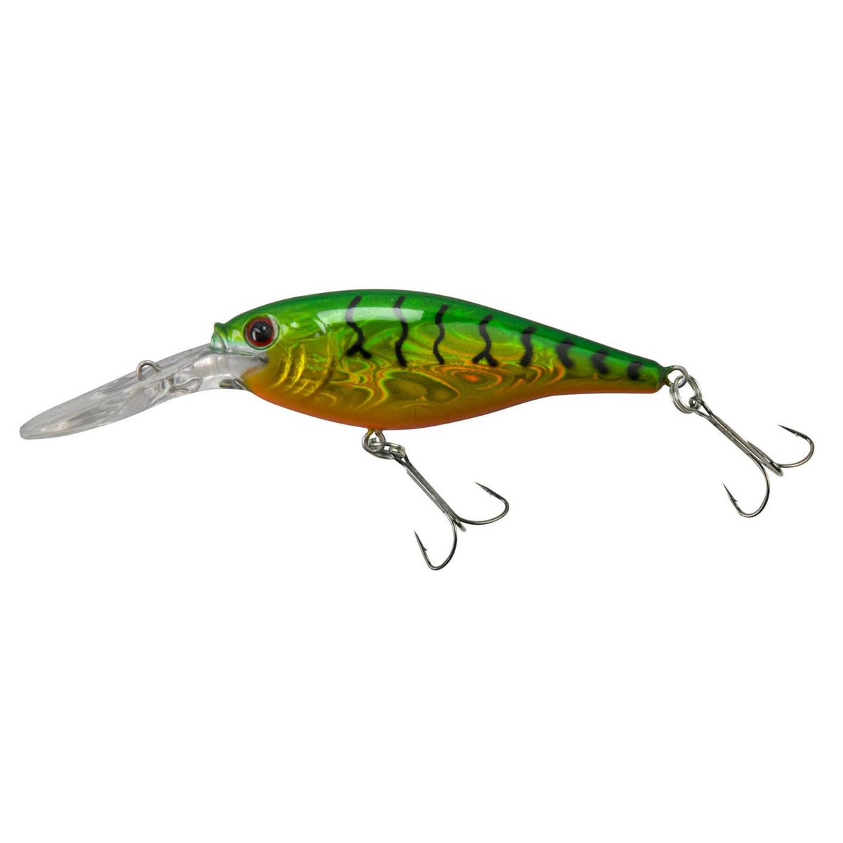 Firetiger crankbait lure in green and gold with silver lip and three treble hooks