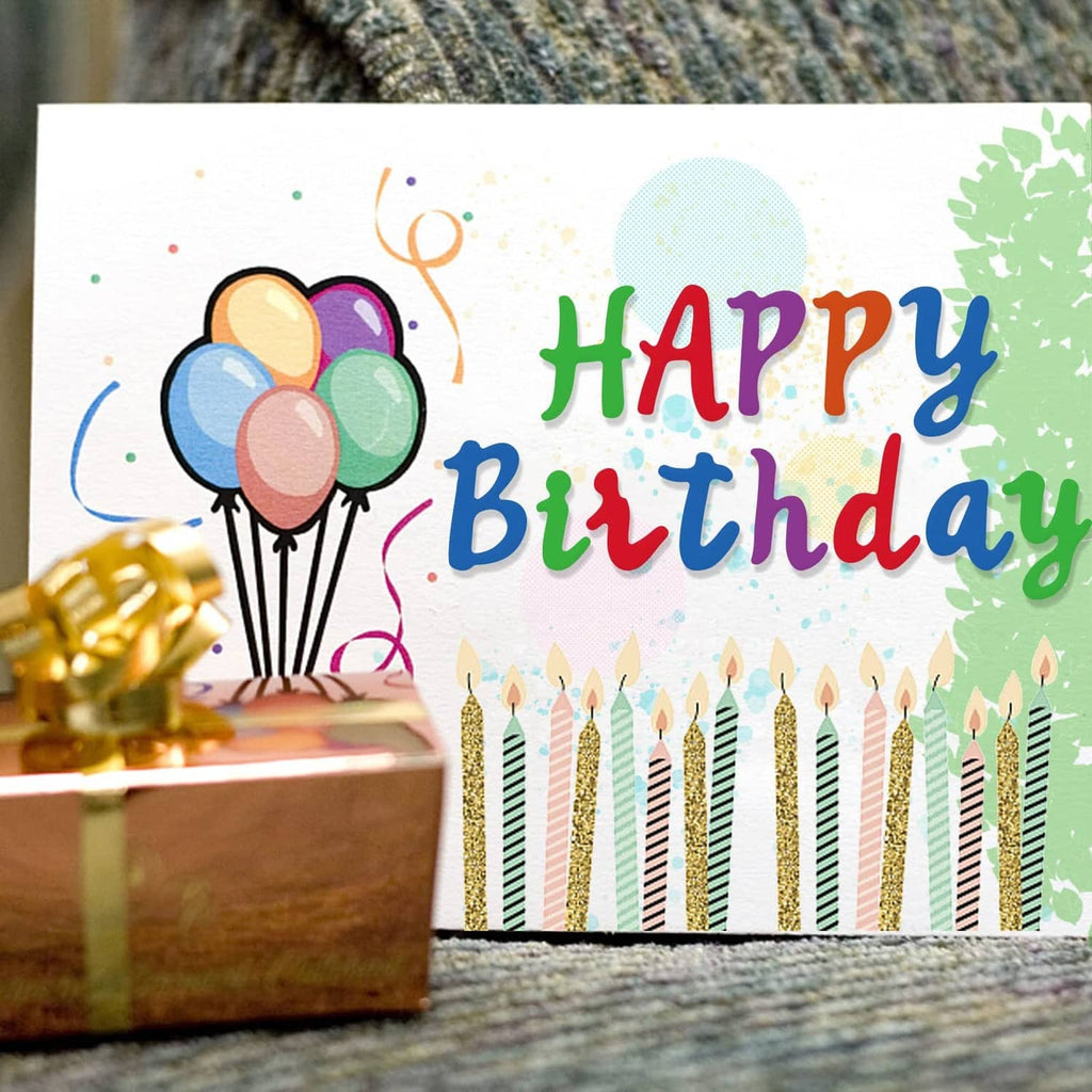 "Happy Birthday" card with balloon shapes and colorful candle row, made with dies