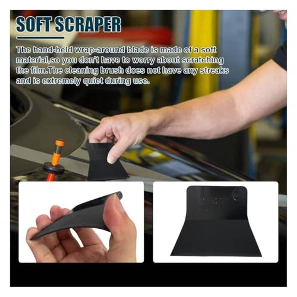 Black hand-held PPF scraper squeegee pressing along a vinyl film surface
