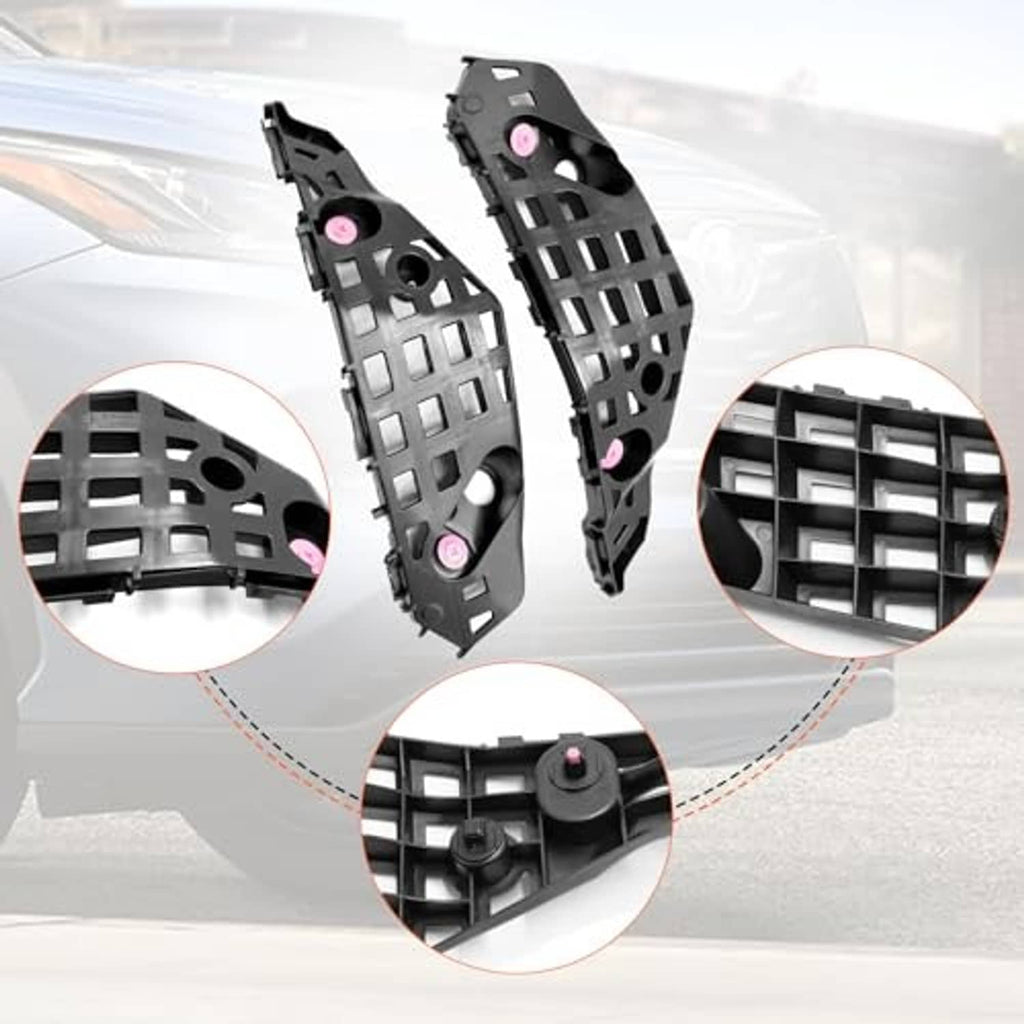 Front bumper bracket pair with close-up detail of grid, holes, and pink mounting clips