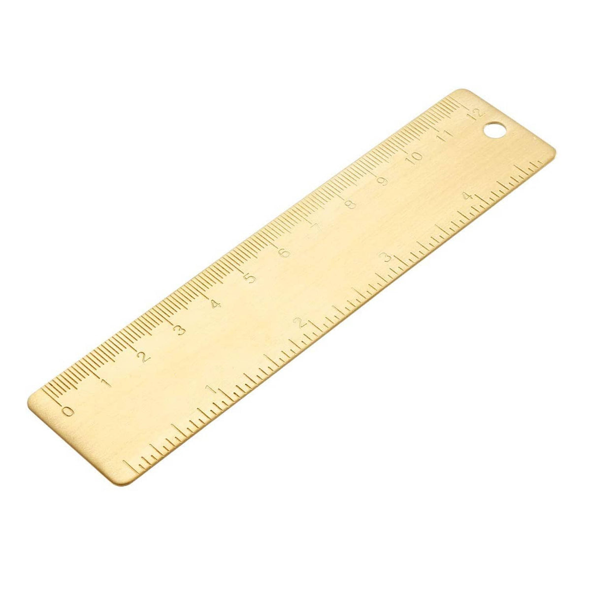 Straight brass ruler, 120mm metric, yellow finish, inch marks and hanging hole