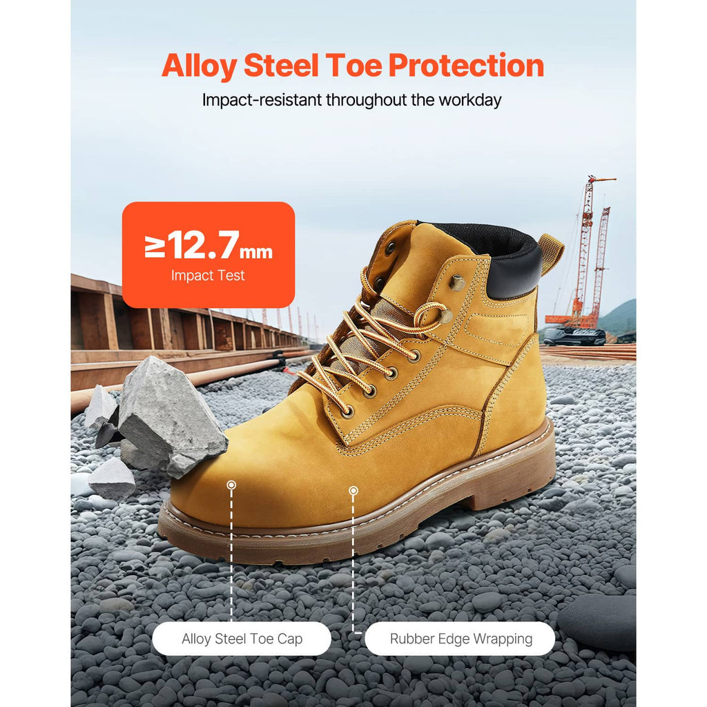 Yellow alloy steel toe work boot with black collar trim and thick lug sole
