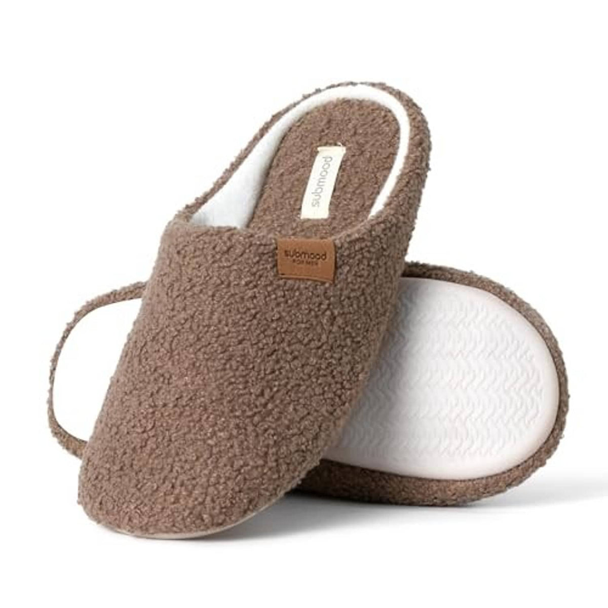 Brown plush slip-on slippers with white inner lining and leather-look logo patch