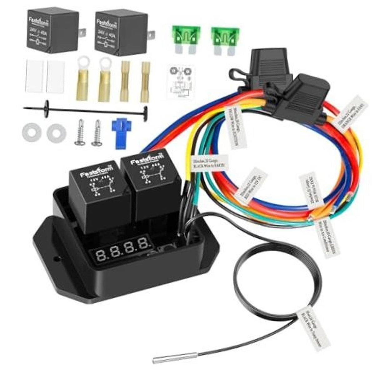 Fan switch kit with dual relays, wire harness, temperature sensor probe, and mounting rings