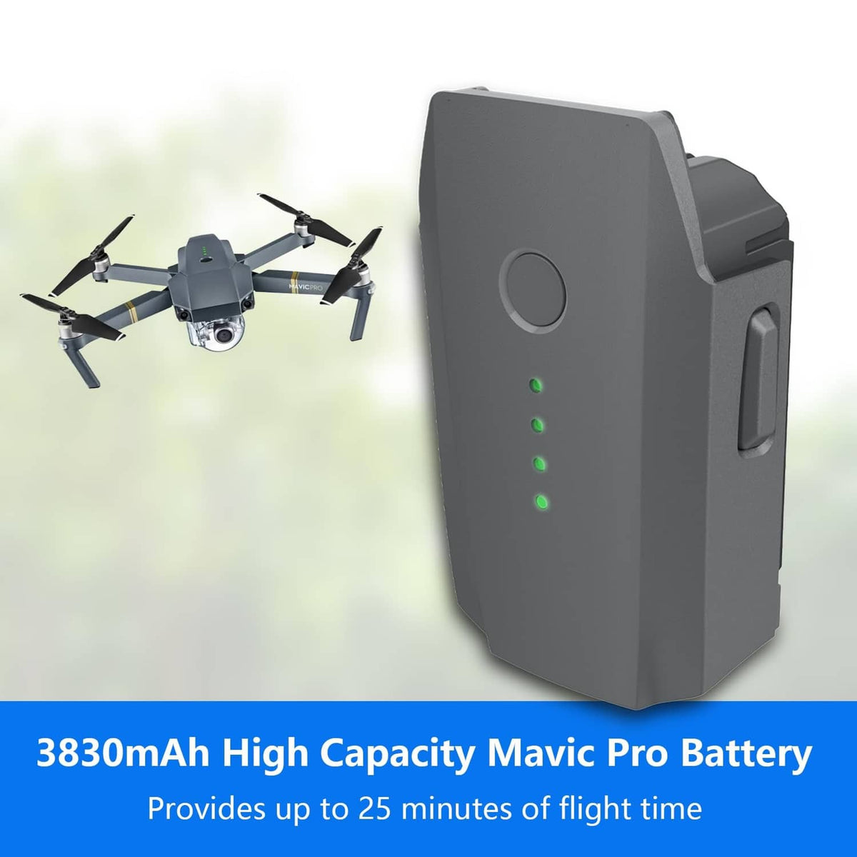 Intelligent flight battery in gray, angled side view with green LED indicator lights