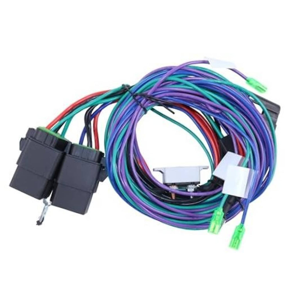 Wiring cable harness kit with multicolor coiled wires, green connectors, black modules, white plugs