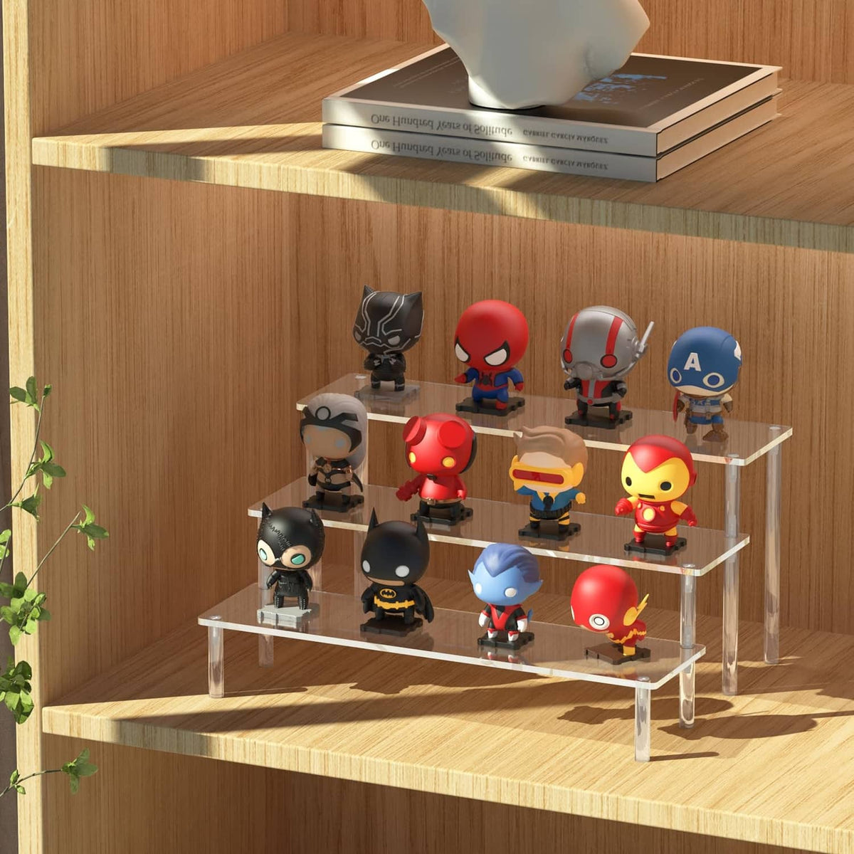 Clear acrylic 3-tier display stand for collectible figures on three levels