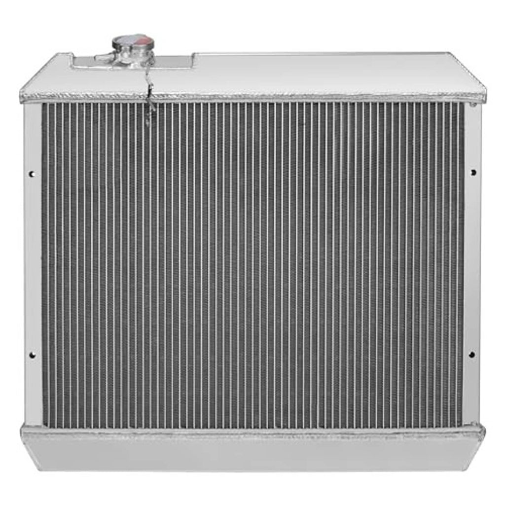3-row aluminum radiator with cap, front view of silver frame and dark finned core
