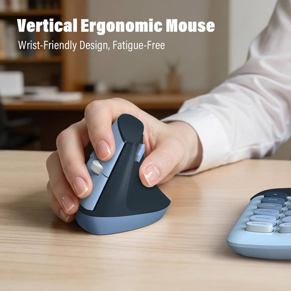 Vertical wireless ergonomic mouse in use, held in a hand