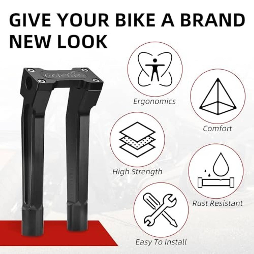 Black motorcycle handlebar riser clamp with top plate and multiple mounting bolt holes