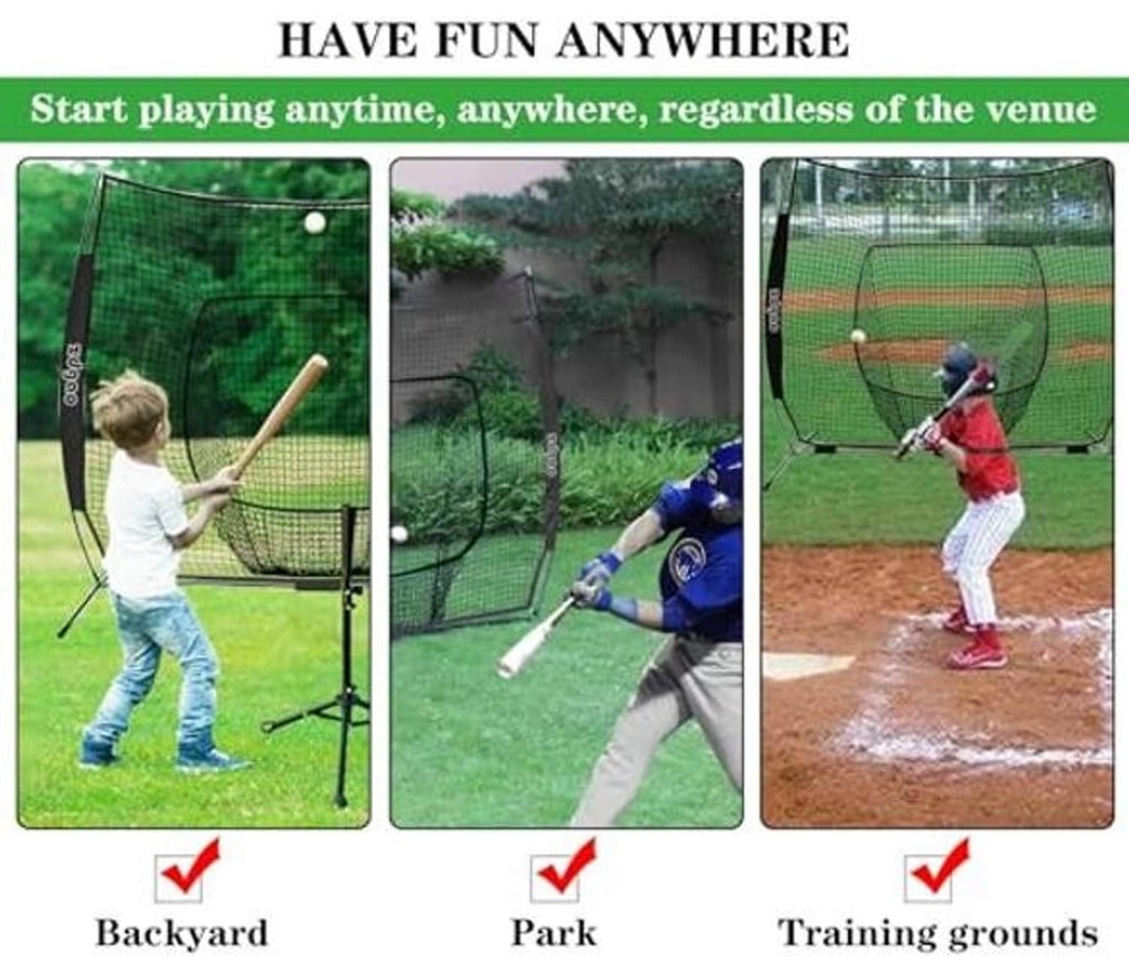 Portable training net with black frame and square target pocket during outdoor play