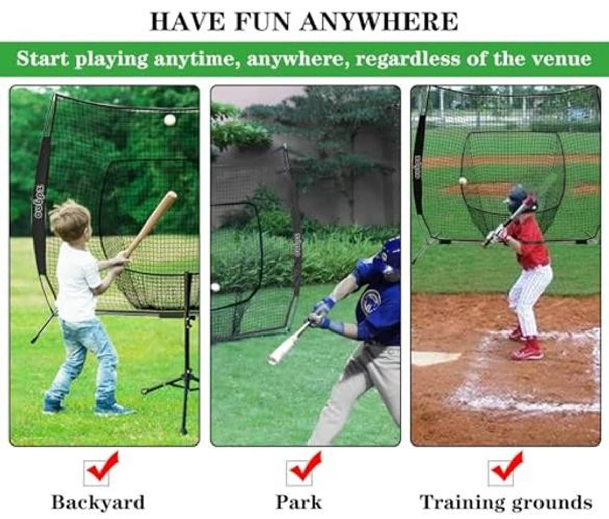 Portable training net with black frame and square target pocket during outdoor play