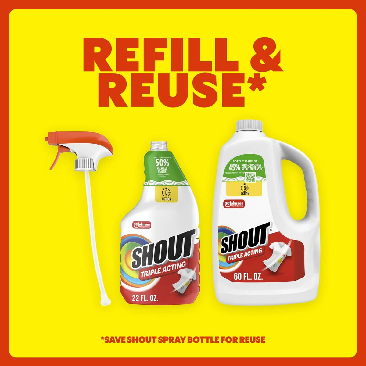 Shout refill and reuse graphic with spray bottles and 60 fl oz bottle
