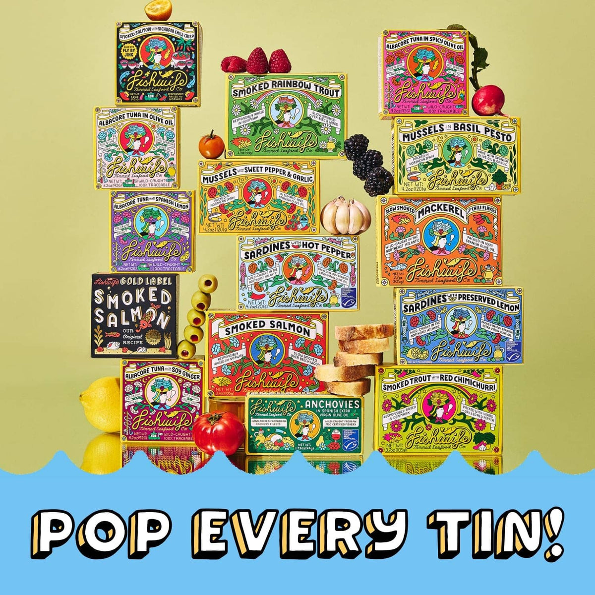 Assorted Fishwife smoked fish tins collage with POP EVERY TIN! text
