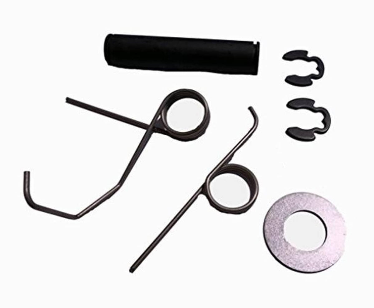 Latch shaft spring kit parts with two looped wire rods, springs, and metal washers