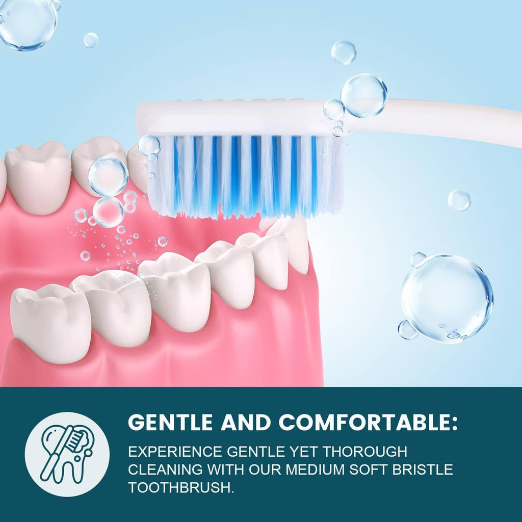 Disposable toothbrush with white bristles on pink-and-white mouth model teeth