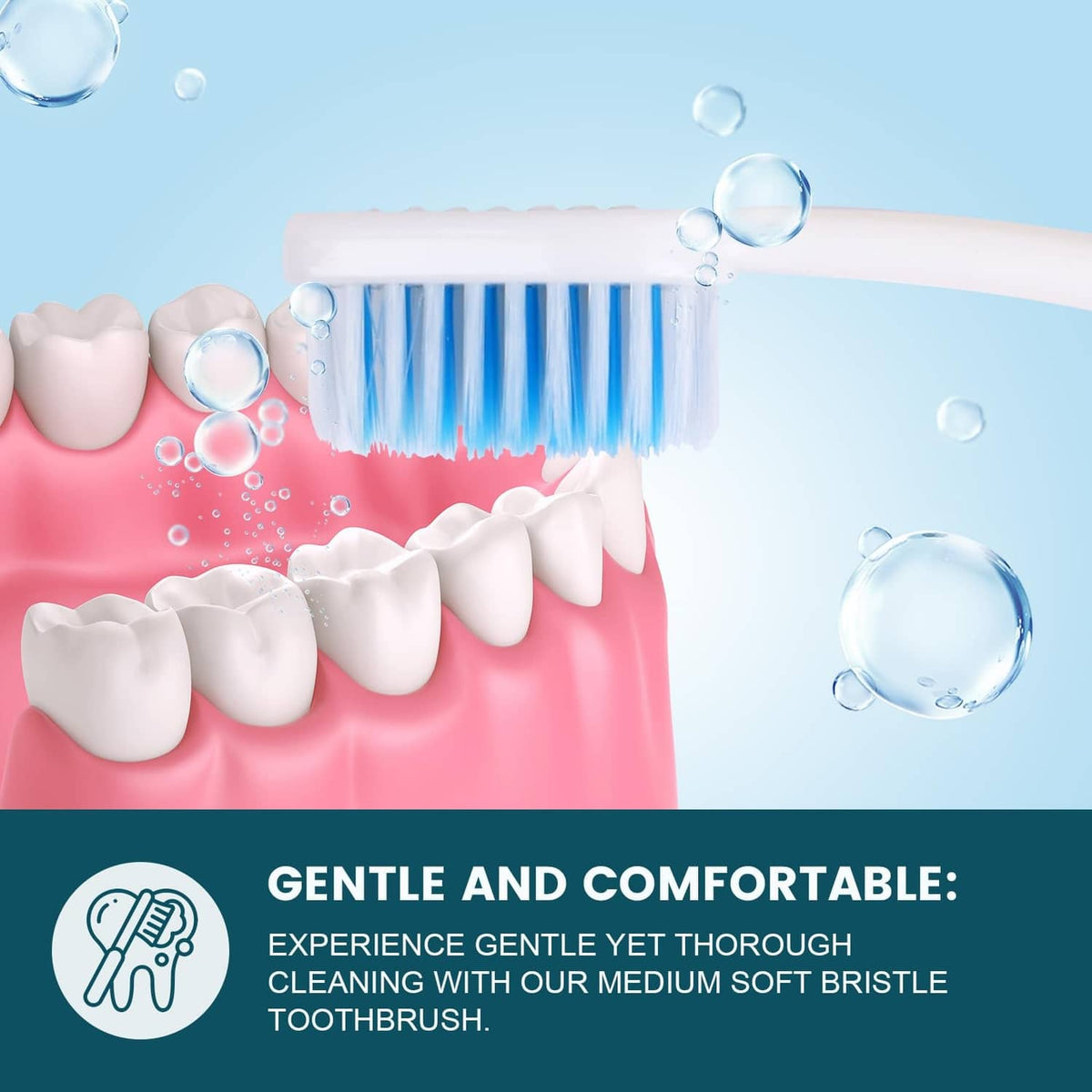 Disposable toothbrush with white bristles on pink-and-white mouth model teeth