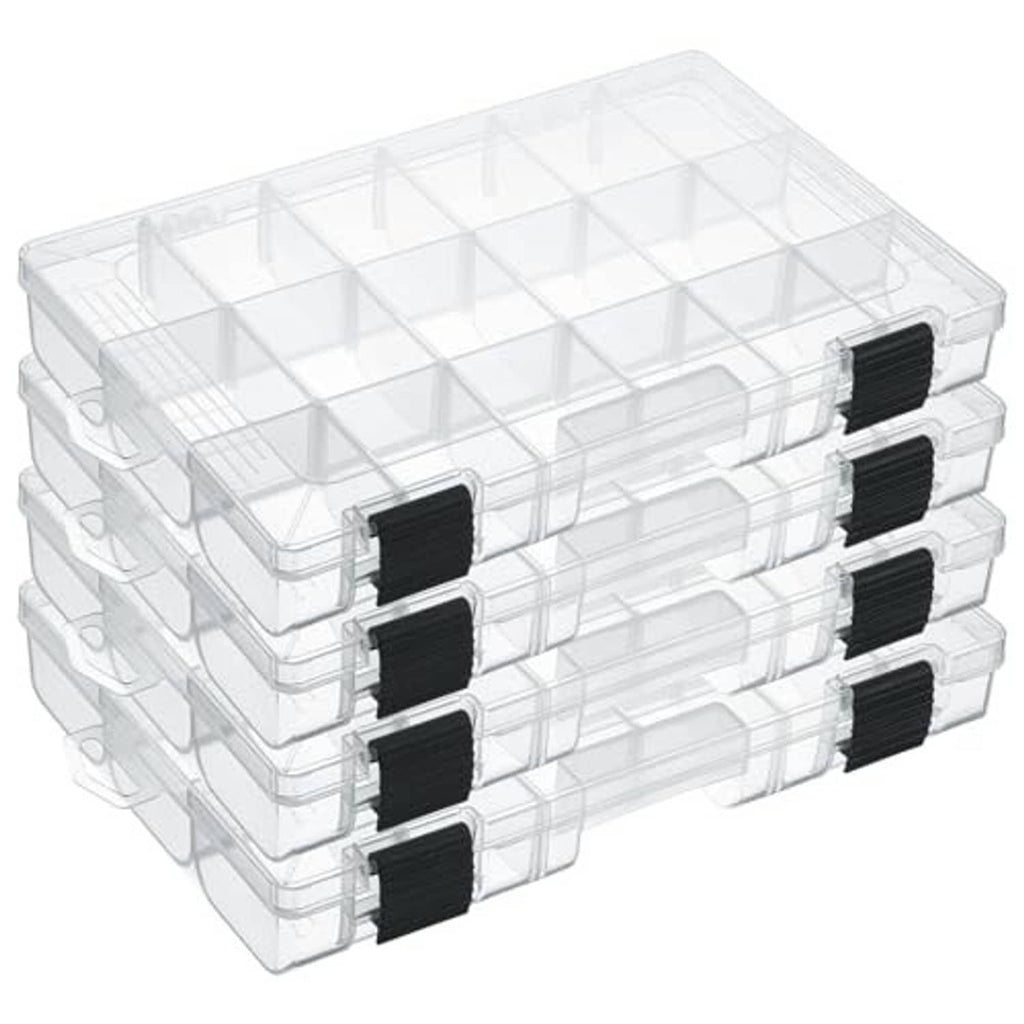 Clear plastic tackle storage boxes with grid compartments and black snap clasps, stacked