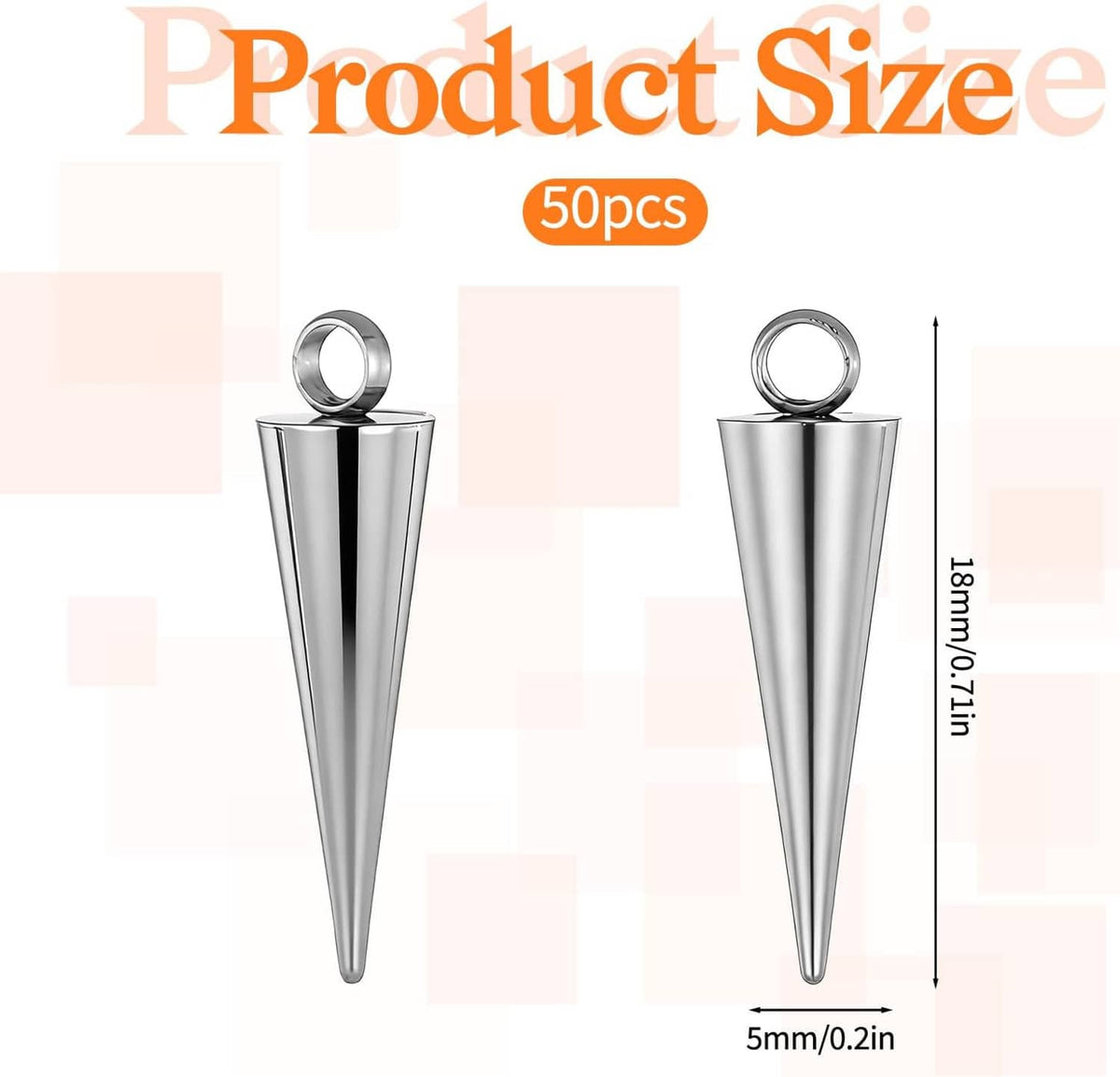 Two stainless steel spike cone charms with top loop, conical spike bead shape