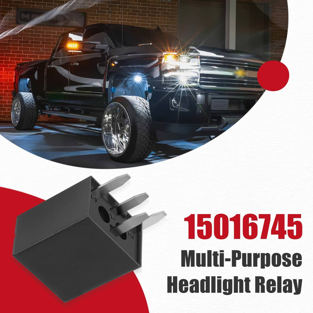 Black headlight relay module with three blade terminals shown with vehicle lighting inset