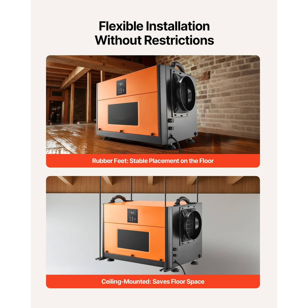 Commercial dehumidifier installation infographic with floor rubber feet and mounting options