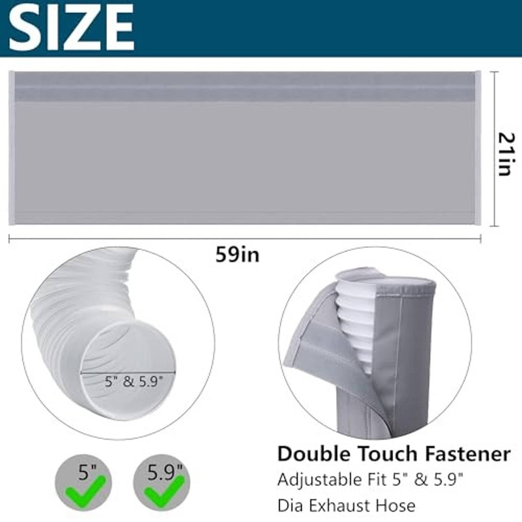 Gray AC exhaust hose cover wrap, rectangular padded sleeve with illustrated fit view