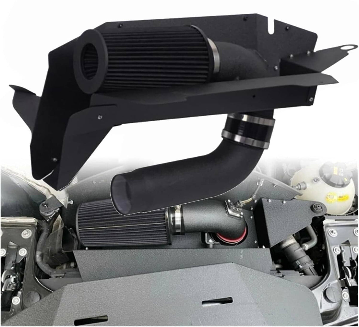 Cold air intake kit with black filter, intake tube, and mounting brackets for BMW N20 engines