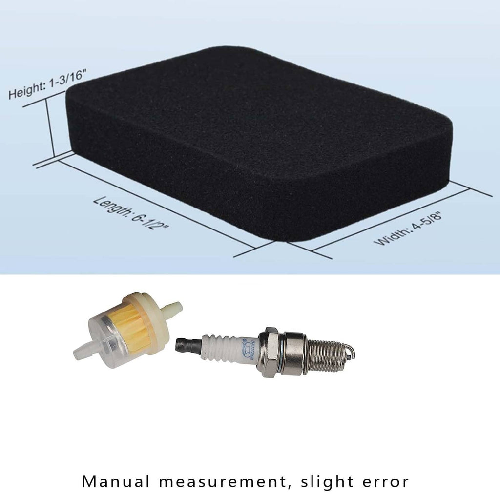 Black foam air filter pad with spark plug and yellow cap, with size diagram
