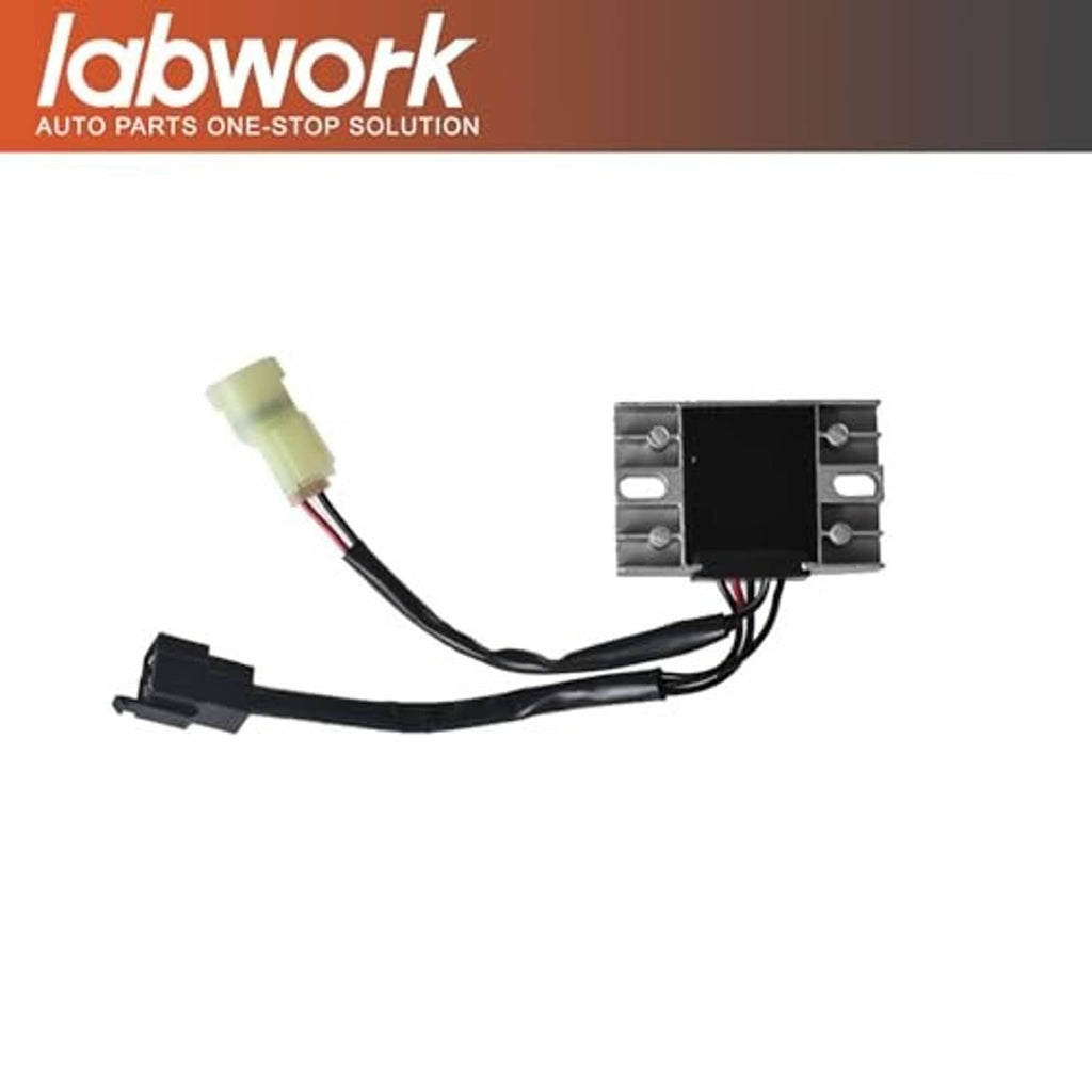 Voltage regulator rectifier with wiring bundle, black plugs, and light-colored connector