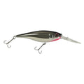 Black and silver crankbait fishing lure with reflective finish and treble hooks