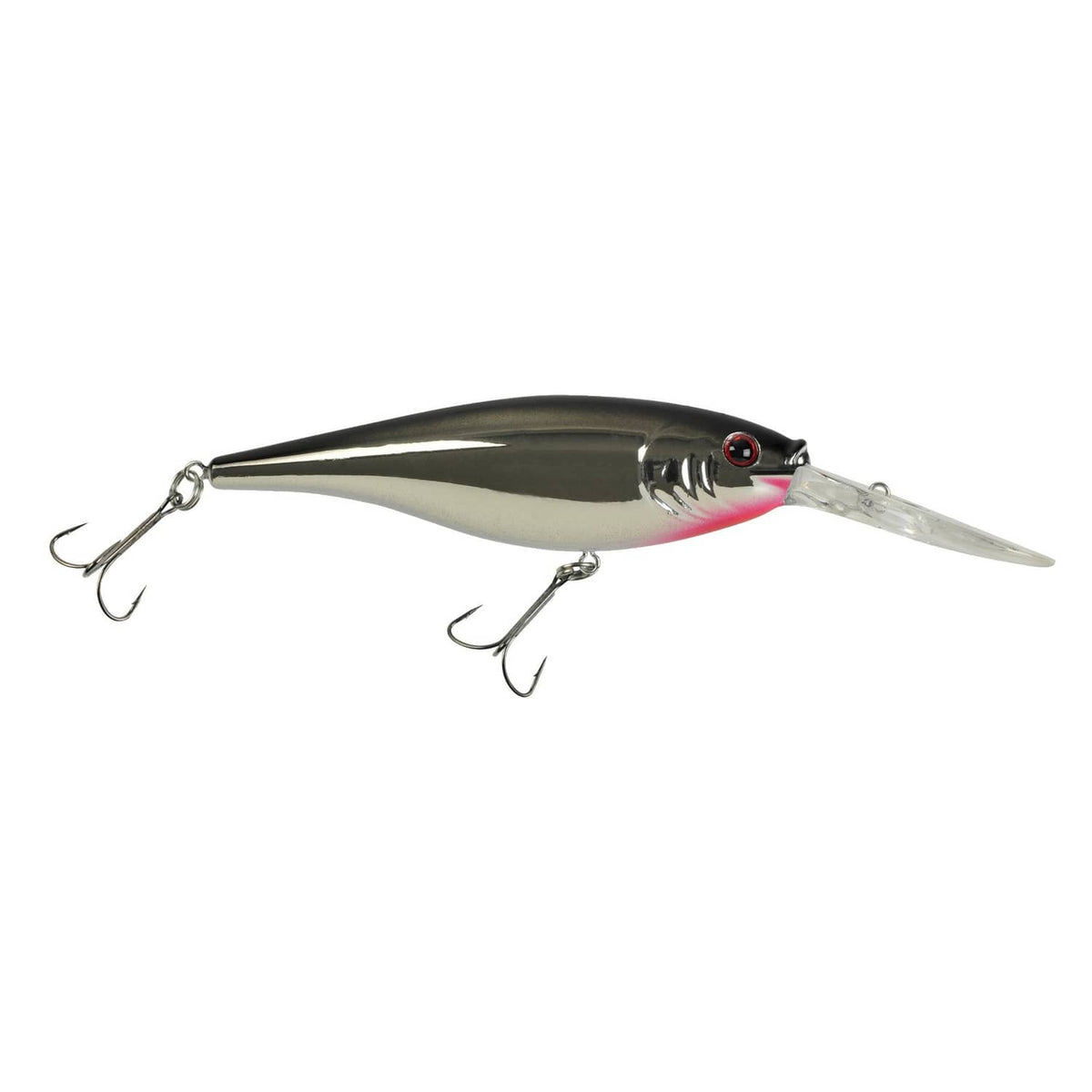 Black and silver crankbait fishing lure with reflective finish and treble hooks