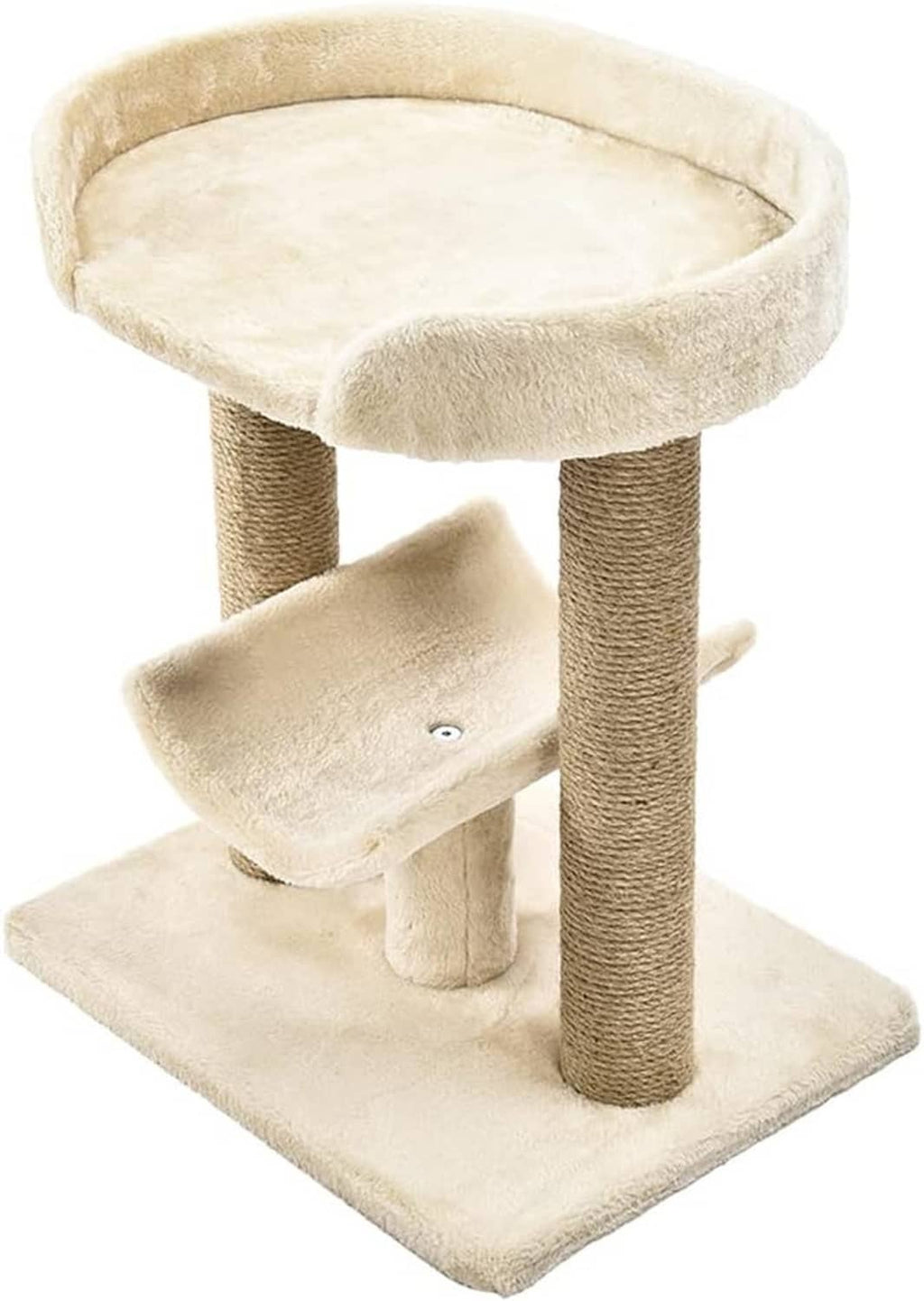 Cat tree with round top bed, cream hammock, sisal posts, and square base