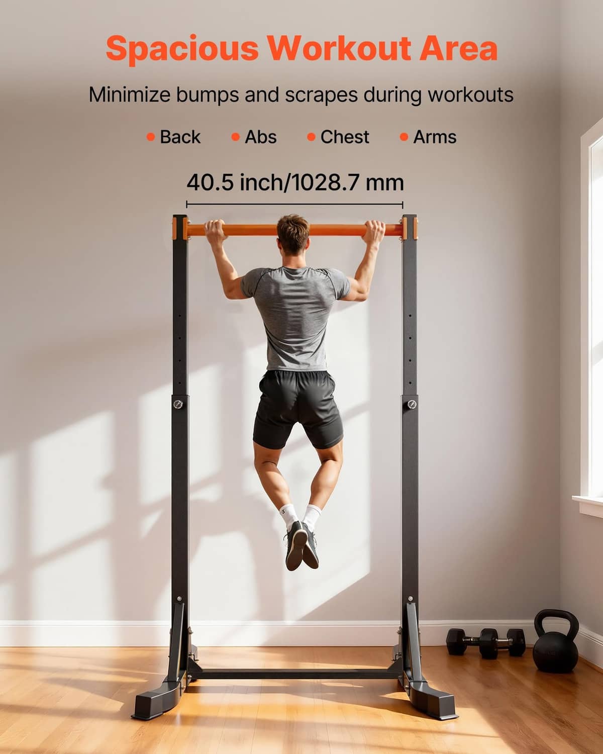 Portable pull up bar station with orange crossbar and black frame, shown in use